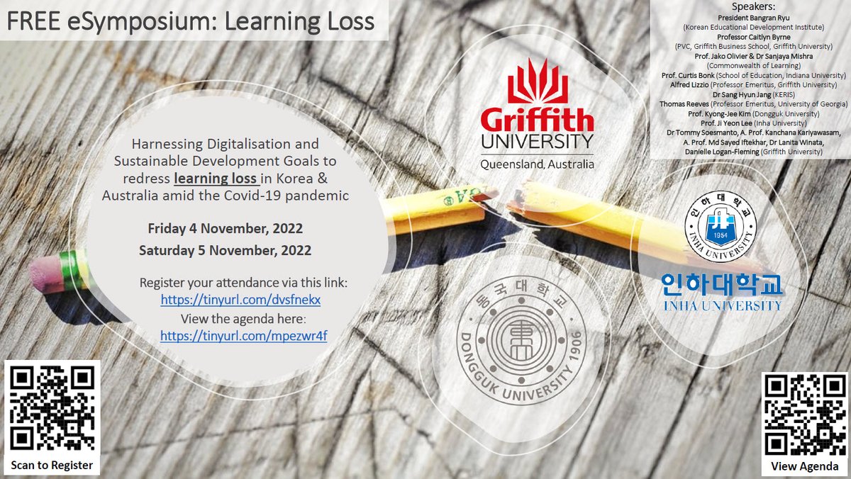 Register now! tinyurl.com/dvsfnekx Join over 100 Oceanic and Asian-based educators and international speakers for a FREE eSymposium on Friday 4 &amp; Saturday 5 November AEST as we discuss #learningloss in the #k12 and #highered sectors and consider how to mitigate the impacts.