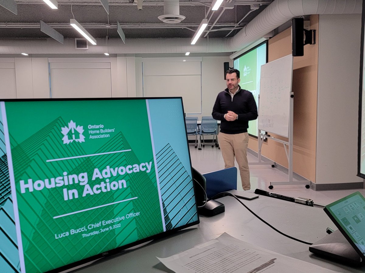 OntarioHBA's tweet photo. OHBA CEO Luca Bucci joined @TMUsurp students as a guest lecturer this evening to discuss housing advocacy in action across Ontario. 🏘 https://t.co/Qvb6k0ML03
