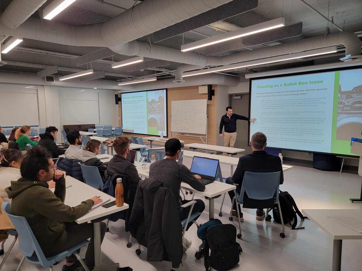 OntarioHBA's tweet photo. OHBA CEO Luca Bucci joined @TMUsurp students as a guest lecturer this evening to discuss housing advocacy in action across Ontario. 🏘 https://t.co/Qvb6k0ML03