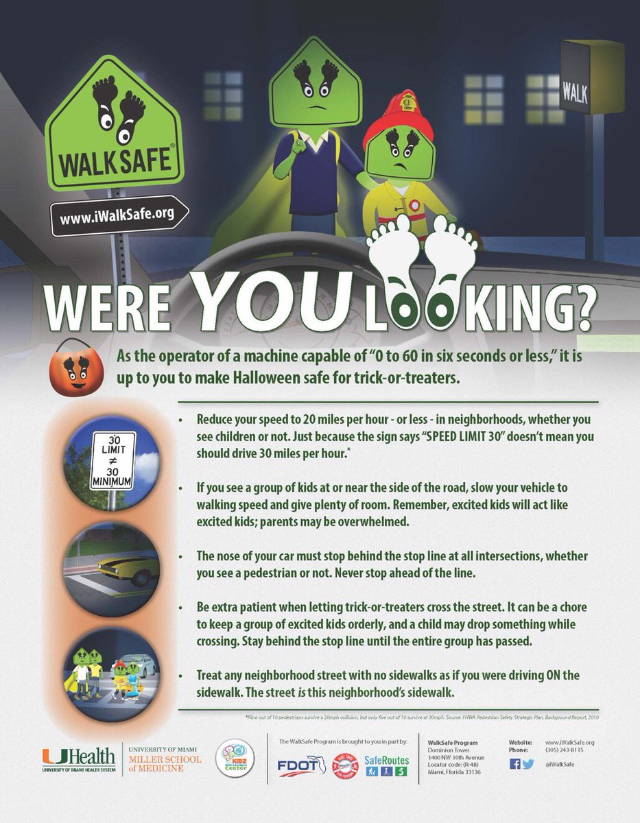 It's Halloween weekend. Good Advice from safety advocates in Florida @iWalkSafe @MyFDOT & in @MontgomeryCoMD @mcfrs FFs remind you to please watch for trick or treaters as you drive. Celebrate safely so we don't have to treat you after a bad trick. Walk w/ Caution, Drive w/ Care.