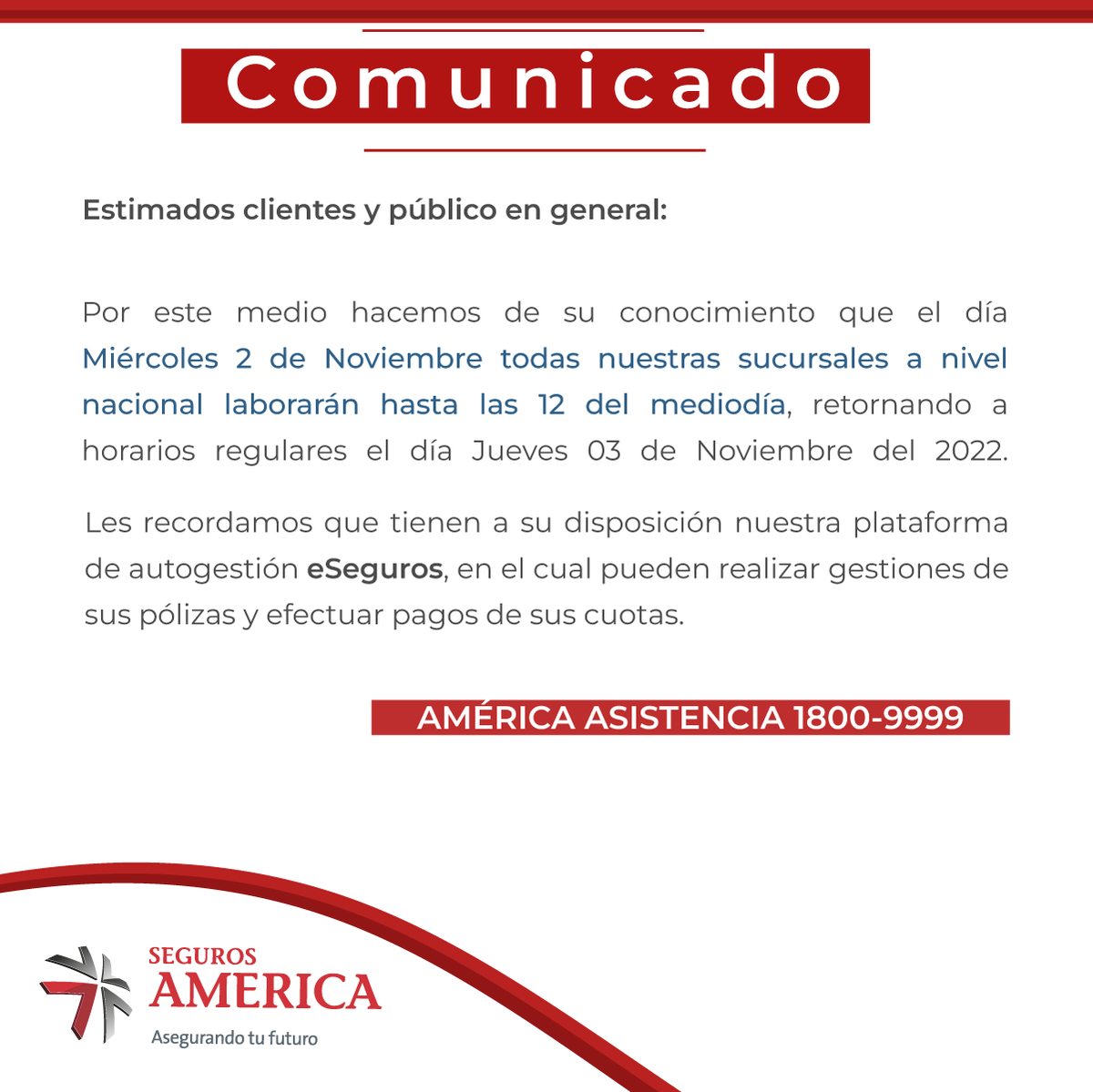 🚨 #Comunicado Estimados clientes y público en general, por este medio les informamos nuestro horario de apertura correspondiente al día Miércoles 2 de Noviembre. 😁