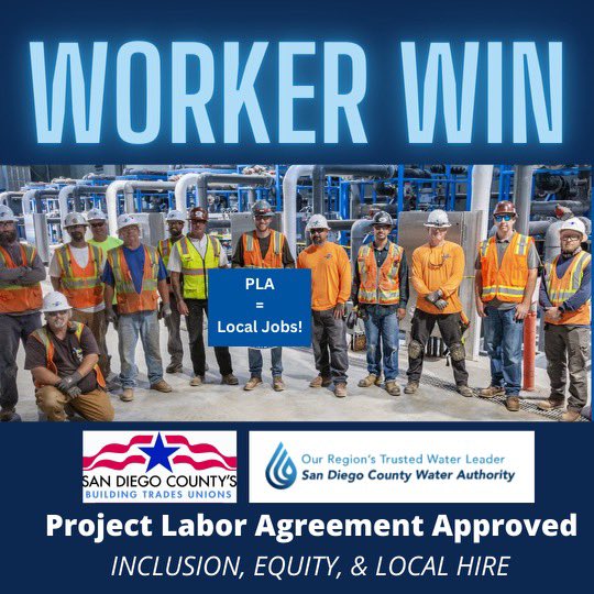 SD_BldgTrades's tweet photo. 🚨🎉💧BOARD OF @SDCWA APPROVES ~$450M PROJECT LABOR AGREEMENT!!!💧

Congrats to the communities of San Diego County and thanks to board members who voted in support of local hire, strong worker protections, and a skilled &amp; trained workforce! #PLAsWork #UnionStrong #1u https://t.co/WAOckCBOmi