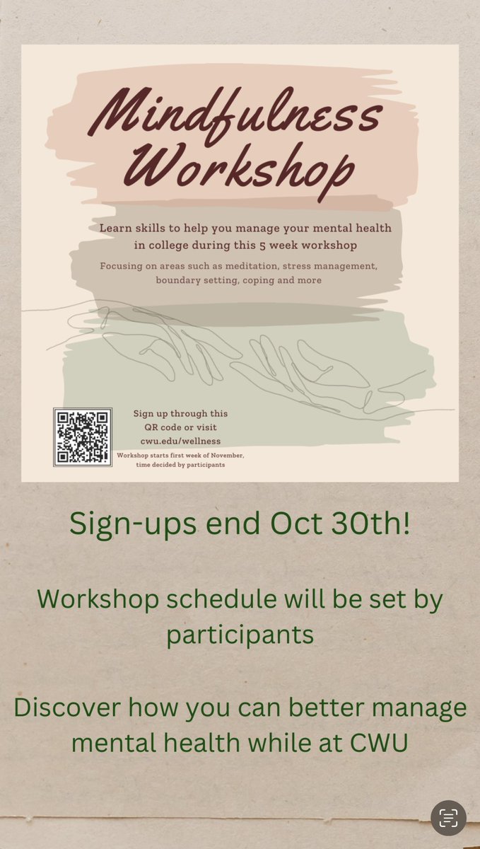 CWUHealthPromo's tweet photo. Coming at ya with a Midterm Refresher on key Wellness Center services and upcoming workshops! Click the pic for more info! https://t.co/KUufJ3Hiie