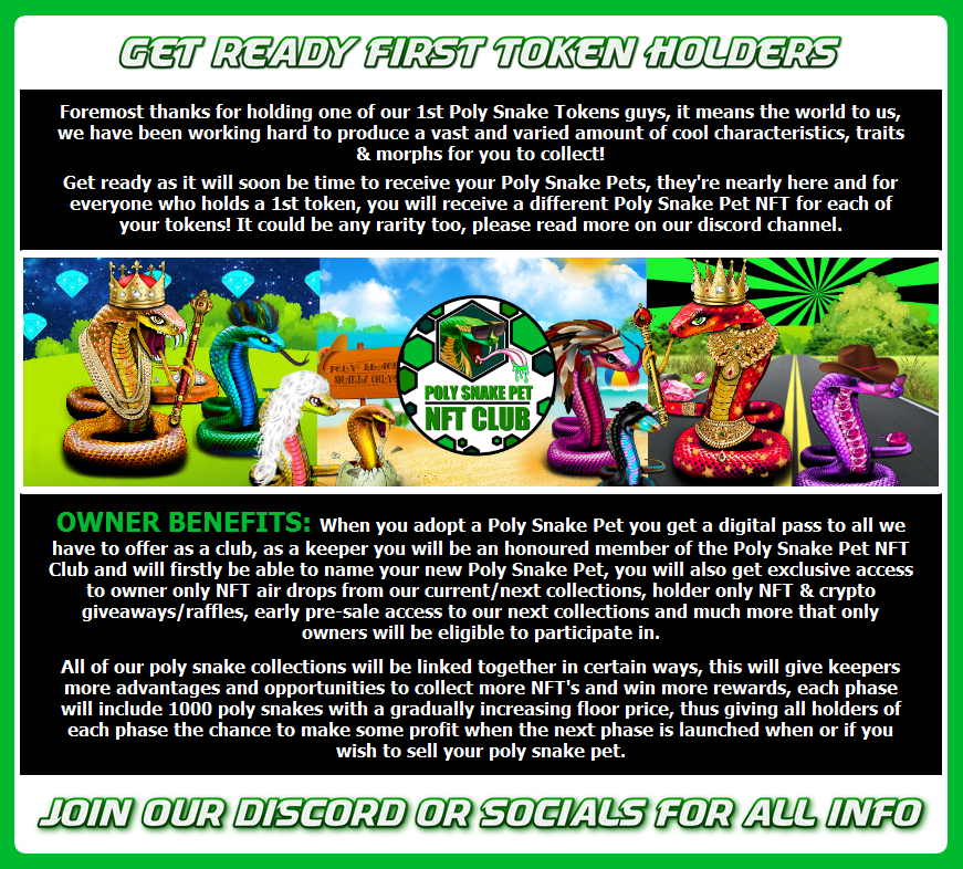 polysnakenft's tweet photo. CHECKOUT THE POLY SNAKE 1ST TOKEN INFO-GRAPHIC, YOU CAN STILL GET YOUR 1ST TOKEN ON OPENSEA BUT NOT FOR LONG!!!
ALL OF OUR LINKS β‘οΈβ‘οΈβ‘οΈ https://t.co/yOqfBeeMN1
#polysnakenft #polysnakepets #nft #nftart #nfts #nftcommunity #nftartist #nftcollectors #nftdrop #nftartwork #nftsnake https://t.co/DaHIEo1bOK