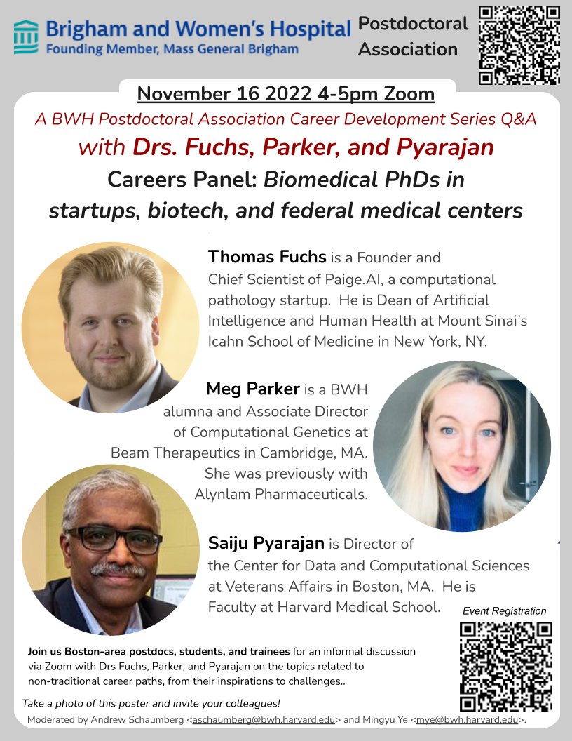 Andrew Schaumberg (@schaumberg_a) on Twitter photo Interested in careers available to biomed PhDs?🤔
Come hear about…
* starting companies (<a href="/ThomasFuchsAI/">Thomas J. Fuchs</a>),
* directing in biotech & pharma (Meg Parker),
* leading a group in a federal medical center (Saiju Pyarajan)!😃
Register: docs.google.com/forms/d/e/1FAI… Interested in careers available to biomed PhDs?🤔
Come hear about…
* starting companies (<a href="/ThomasFuchsAI/">Thomas J. Fuchs</a>),
* directing in biotech & pharma (Meg Parker),
* leading a group in a federal medical center (Saiju Pyarajan)!😃
Register: docs.google.com/forms/d/e/1FAI…