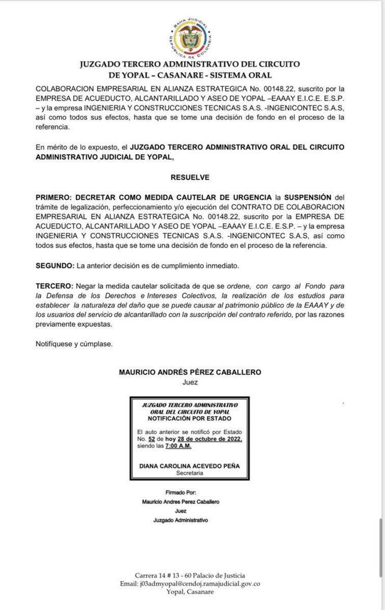 Concejal Omar Ortega en sesión plenaria informa a la ciudadanía que el Juzgado Tercero Administrativo del Circuito decreta la suspensión del trámite de los contratos de colaboración entre <a href="/eaaayopal/">AcueductoYopal-EAAAY</a> e INGEINICONTEC S.A.S