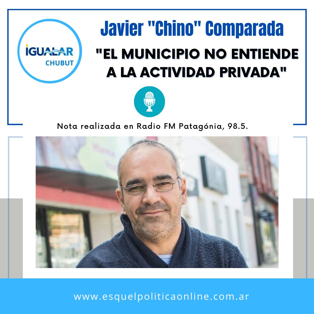 JavierComparad1's tweet photo. Javier "Chino" Comparada directo y claro:
"EL MUNICIPIO NO ENTIENDE A LA ACTIVIDAD PRIVADA"

Audio completo de la nota: https://t.co/DG3Fhcfs9n

✔ IGUALAR CHUBUT avanza !!
Igualar 
#esquel #Comparada #Chino #Intendente2023 #Javier #Elecciones2023 https://t.co/pLgjsxFjzR