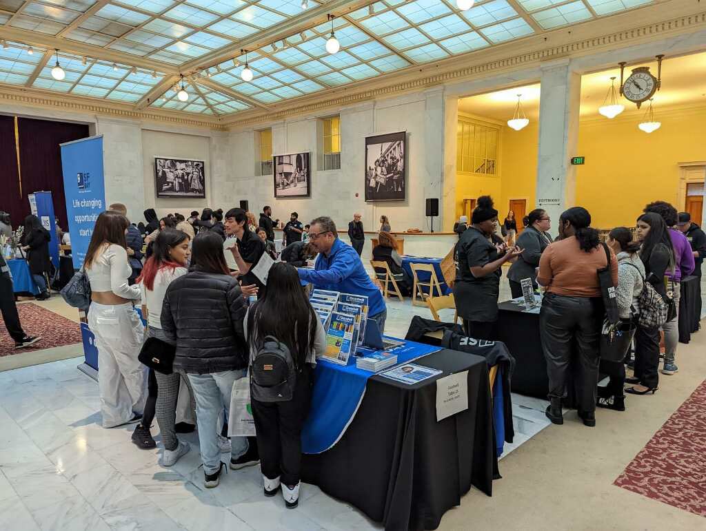 Great to see so many students taking advantage of today's job and resource fair - signing up for paid internships through Opportunities For All, practicing interview skills, and applying for jobs.