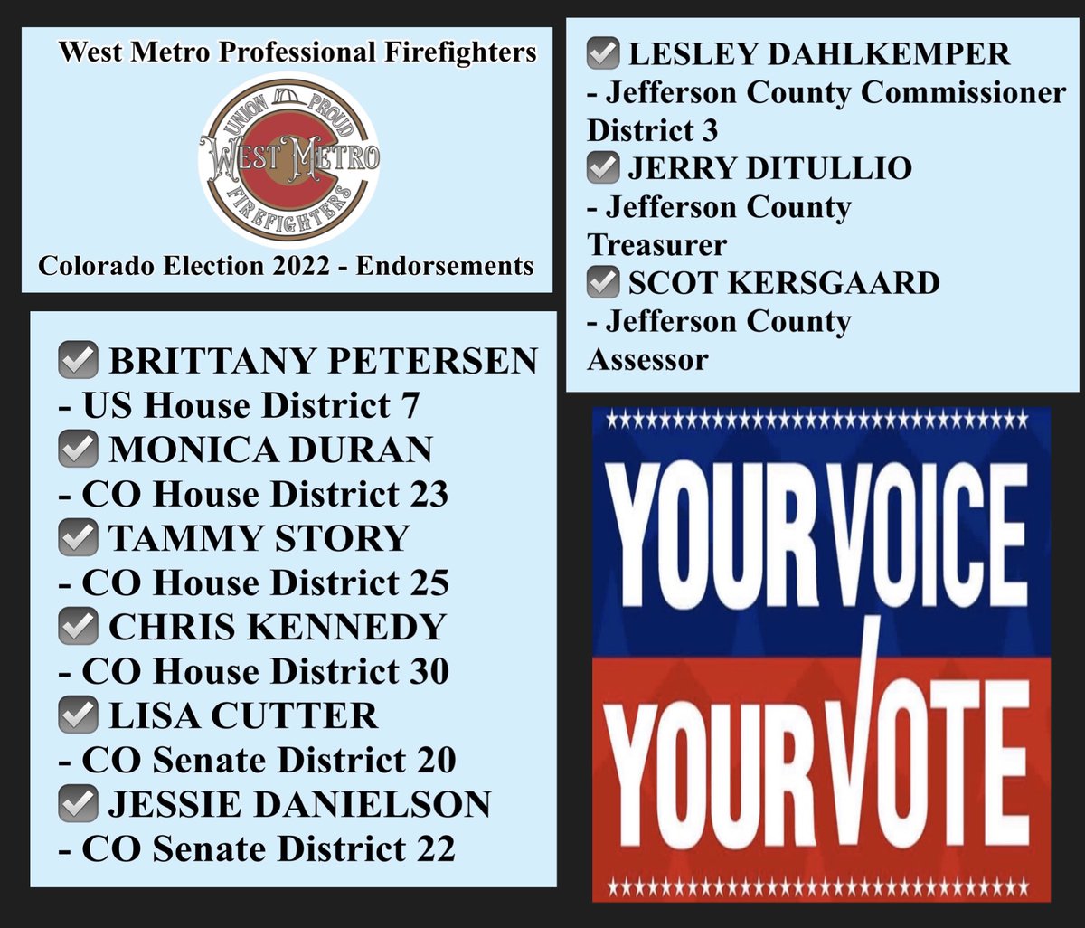 It's Election Season for 2022, and we are a few weeks away from Election Day.  Here is the @iaff1309 version of the Blue Book, listing the candidates who have received the Endorsement of the West Metro Professional Firefighters.
PLEASE VOTE. IT MATTERS.

#yourvoiceyourvote