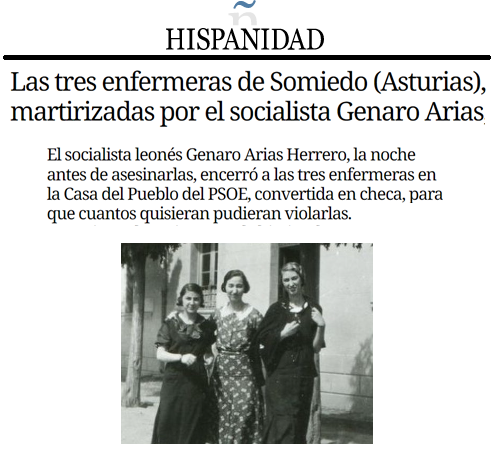 CCivicaCatalana's tweet photo. Pilar, Octavia y Olga eran enfermeras católicas de la Cruz Roja en Asturias

Hoy hace 86 años milicias socialistas las encerraron en la casa del pueblo del PSOE para violarlas toda la noche. Luego las asesinaron

3 "rosas" de las que no habrá película ni oirás una palabra en TVE https://t.co/D3pRBFRRBx