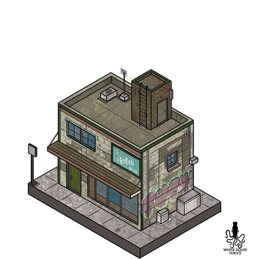 WhiteSquidTokyo's tweet photo. At the beginning of the year a long lost acquaintance @the_blufin reached out to me on Instagram

He asked if I wanted to turn my Isometric and Modular Buildings I drew for a manga video game into a NFT collection

@BodegaBlocksNFT is the first NFT project to use my art

#NFTs https://t.co/ubAUDcrICi