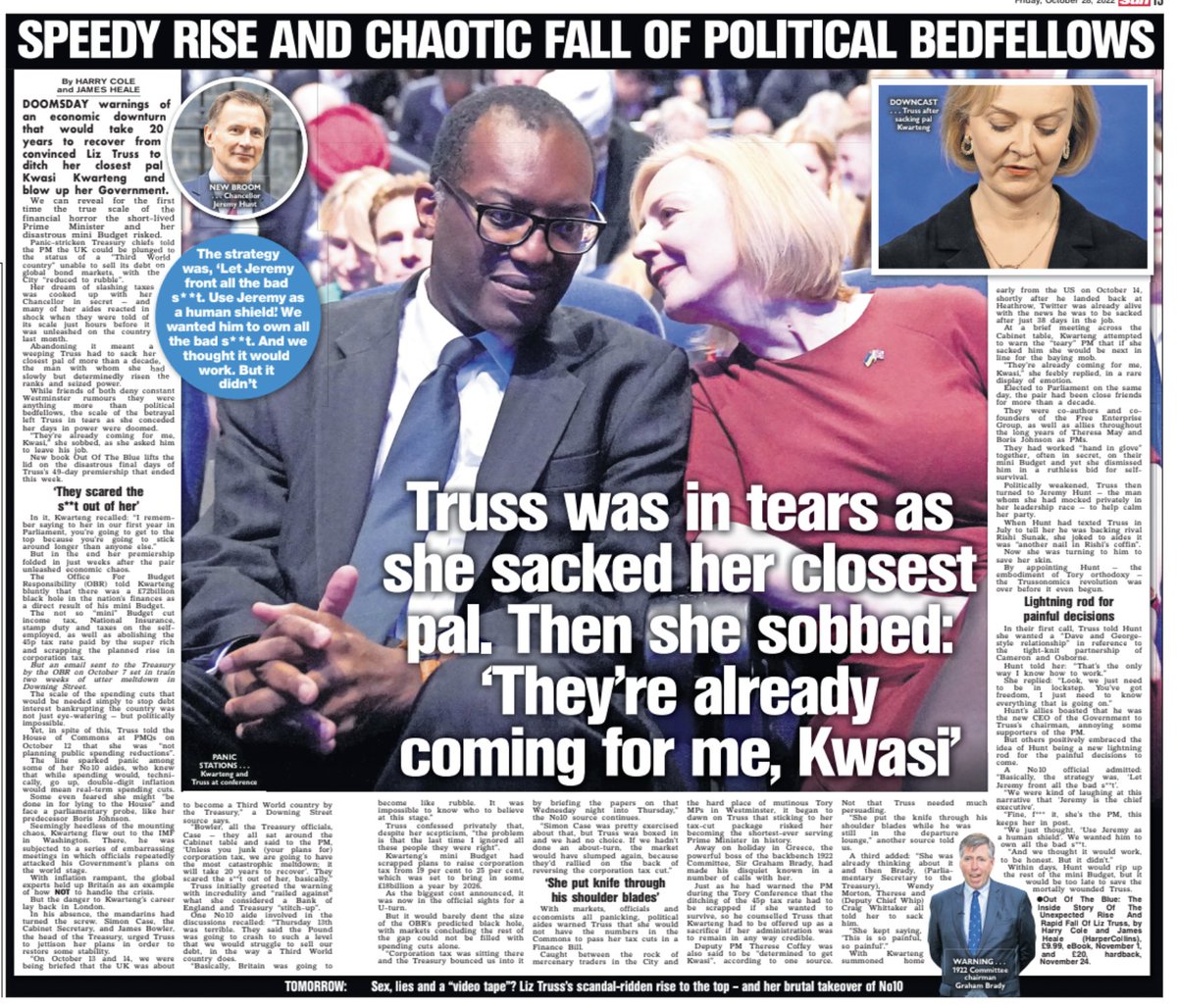 So what forced Truss to ditch Kwarteng and mini-Budget? Dire Treasury warning of 20 year downturn, and UK reduced to 'third world' status, unable to sell debt tipped PM.. 1st look at 'Out of the Blue' (amazon.co.uk/Out-Blue-insid…) in @TheSun with @JAHeale: thesun.co.uk/news/20246888/…