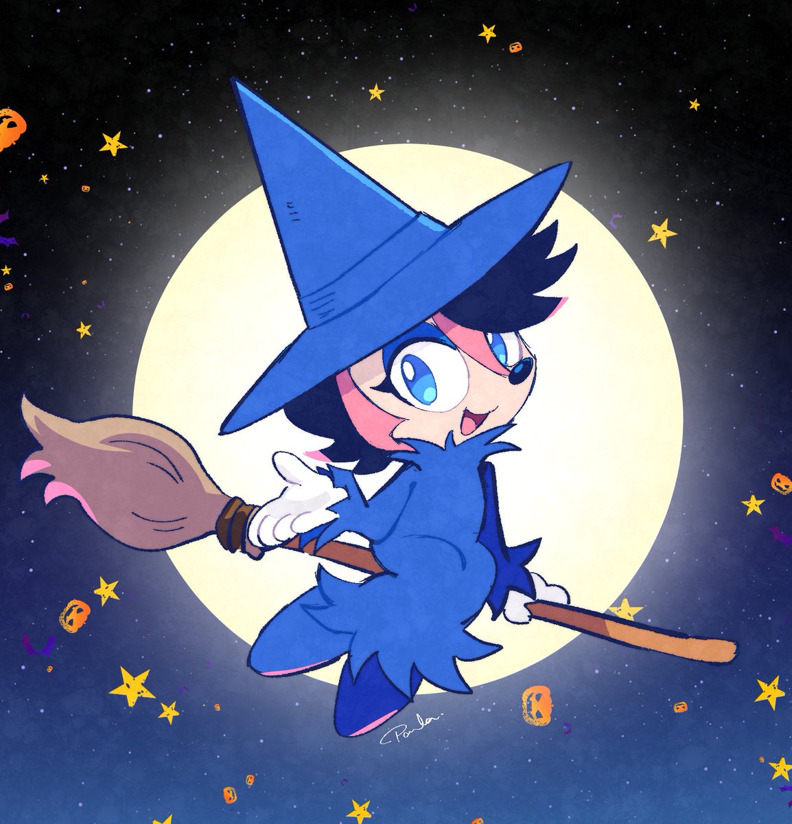 broom broom riding hat solo moon blue eyes smile  illustration images