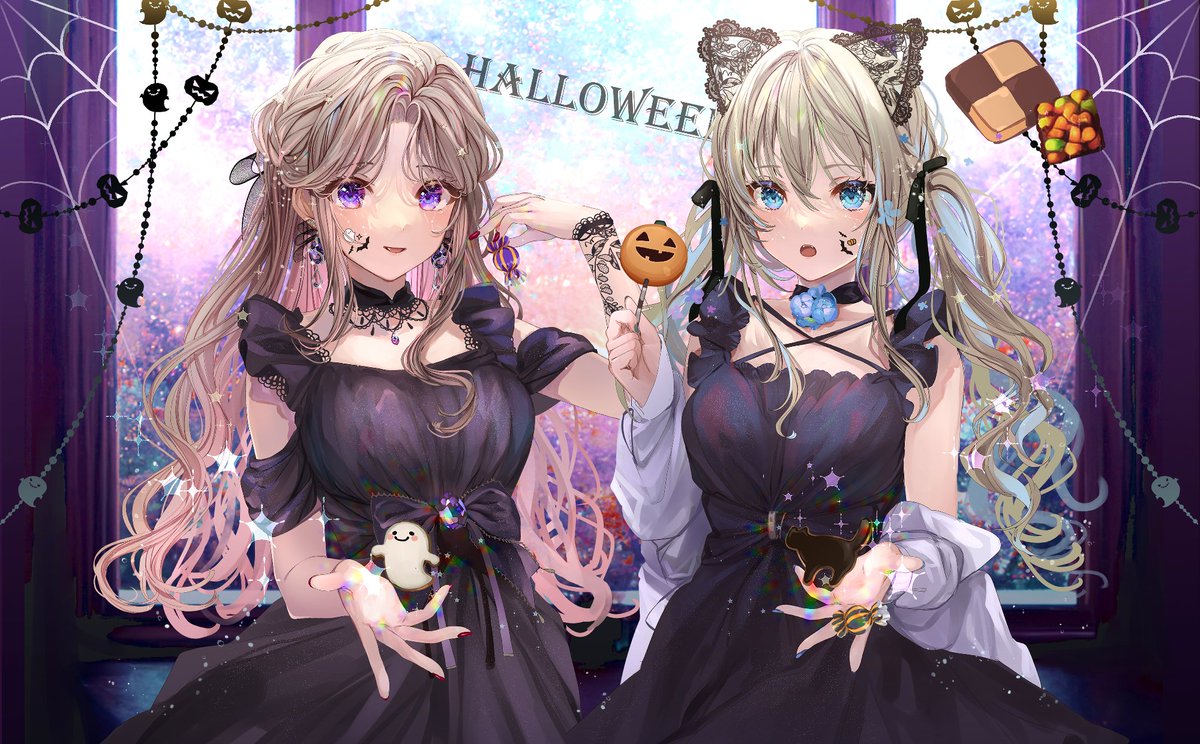 multiple girls 2girls food dress purple eyes halloween black dress  illustration images