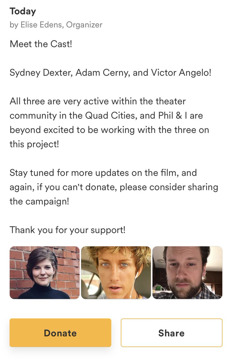 Beyond excited to be working with these 3! Their talent amazes me, so I’m super grateful they all agreed to be in the film! 🎬🎞️🎥🎭

gofund.me/ede6a3bf

#shortfilm #gofundme #quadcities #localfilmmakers #qca #moline #Davenport #indiefilmmaking #fundraising