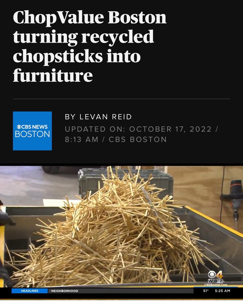 water_our's tweet photo. Check out this awesome story by @LevanReid of @wbz on @ChopValue
https://t.co/Bn8INLaJMV
#WBZ
#WBZTV
#CBS
#CBSBoston
#Chopstick
#Chopsticks
#Recycle
#Recycled
#RecycledFurniture
#OurWaterChallenge
#Water
#World
#Earth
#GlobalWarming
#Environment
#Climate
#ClimateChange https://t.co/i5u2Cv3MDh