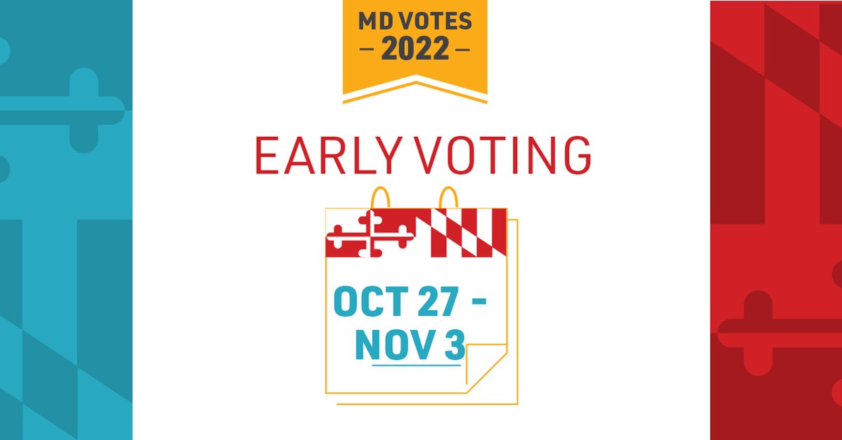 Marylanders, early voting begins today and continues through Thursday, November 3. Early voting centers will be open from 7:00 AM to 8:00 PM every single day during the early voting period. For more information, visit elections.maryland.gov/voting/early_v…