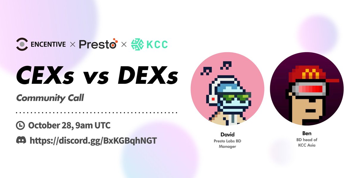 SaaSGo2's tweet photo. 💬 Wanna find out more about CEXs and DEXs?
Tune in our weekly community call with PrestoLabs &amp; KCC! 

⏰  Friday, Oct 28, 9AM UTC
🎁  5 x 20 USDT
🔗  https://t.co/chlnoHWaKy

Rules:
✅ RT + Like + Tag 3 friends
✅ Follow @Encentive_io @KCCOfficialTW
✅ Answer a question https://t.co/xbYQ8YcN8r