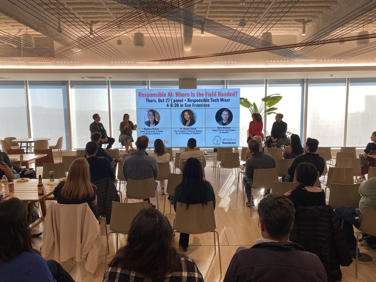MatthewSoeth's tweet photo. @AllTechIsHuman #ResponsibleTechMixer in San Francisco. Great panel on the state of responsible tech, how folks got in this profession, and networking! Great wvent #trustandsafety https://t.co/v8GwF82j7U