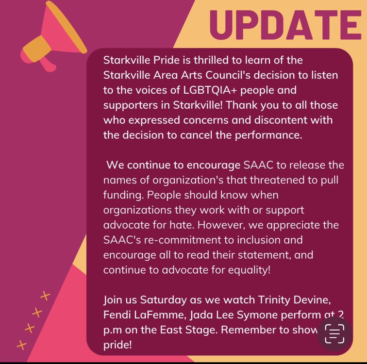 We are elated by this news, our voices were heard, and positive changes were made. We encourage the community to show up to the CDAF and show your pride! Wear rainbows, wear Pride swag! We do not accept hate in Starkville! #Loveswins #Pride #Lgbtqia #pridepersists