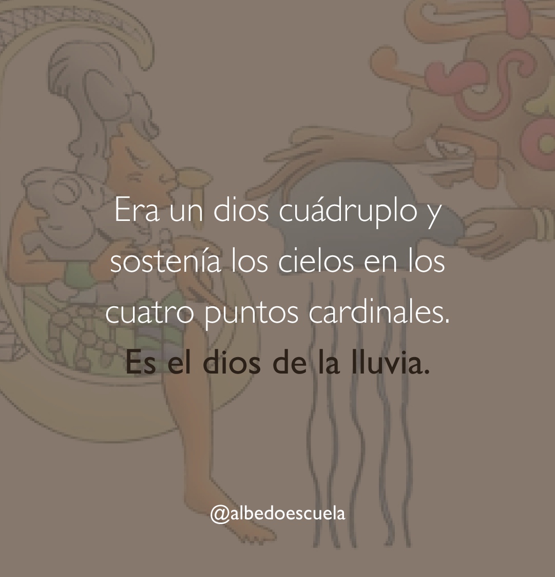 AlbedoEscuela's tweet photo. Chaac es uno de los dioses más importantes del panteón maya. Sus dominios conceptuales son similares a los del Tláloc mexica y al Cocijo zapoteca: se relaciona con el agua, nubes, lluvia y agricultura. Era un dios cuádruplo y sostenía los cielos en los cuatro puntos cardinales. https://t.co/fsetd7fEox
