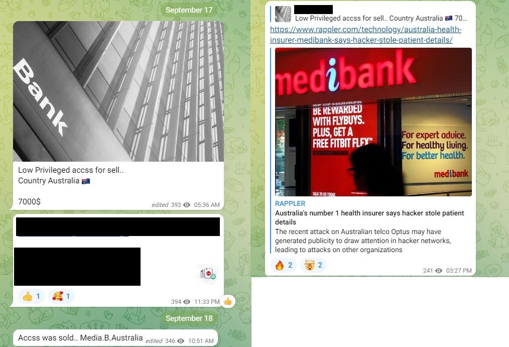 Compromised @medibank login credentials were put up for sale on a Telegram channel on Sept. 17 for $7,000. It was marked as low-privileged access. The data was marked as sold a day later. Hat tip @evangeorgevoug. #auspol #infosec