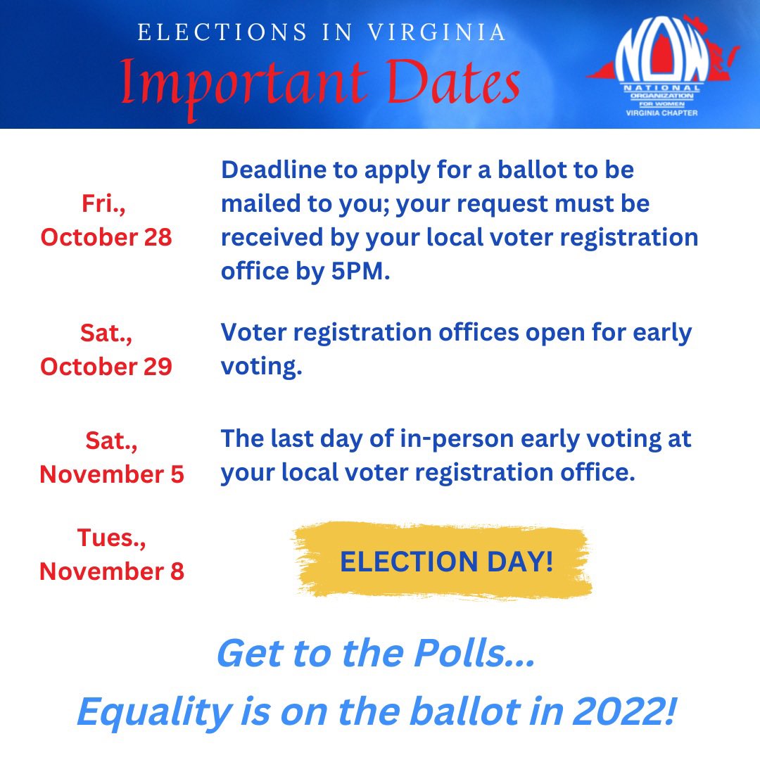 VANOWChapter's tweet photo. Get to the polls, #Virginia‼️Your vote matters, we promise it does. #GOTV to avoid “film canister draws” again! #ElectionDay is 11/8 but please don’t wait and #voteearly.

#earlyvote #earlyvoting #vote #getoutthevote #equalitycandidates #elections #ElectionsMatter #electequality https://t.co/oRBjmXmWK0