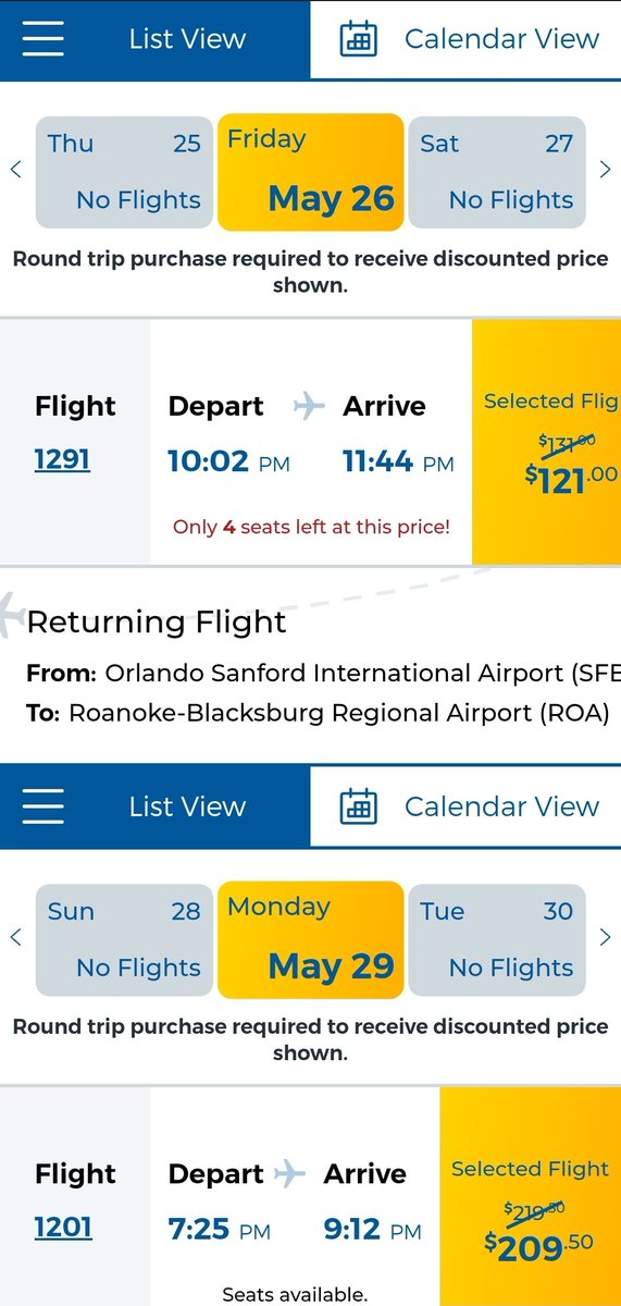 iamRoanoke's tweet photo. @Allegiant What's the deal with such late flights ROA to Orlando in the end of May? Really screws up our vacation plans.  Who wants to get in at midnight?!? https://t.co/RQvDmV930C