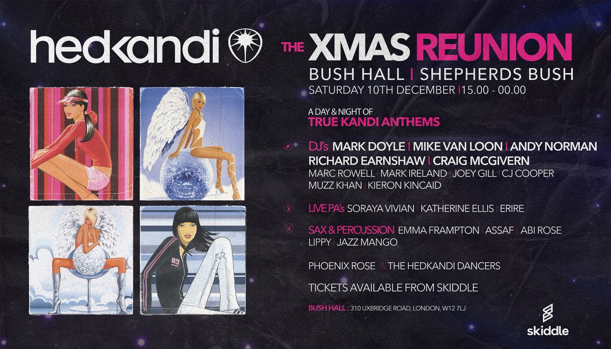 Hedkandi returns to London for one spectacular Xmas party. Join Team Kandi in West London on Saturday 10th December at the stunning Bush Hall. A day &amp; night of true Hedkandi anthems from over 20 years on the dance-floor. skiddle.com/e/36203696
#hedkandi