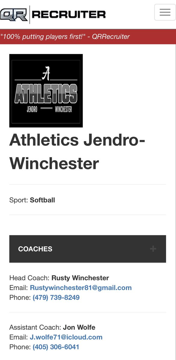 Good Luck‼️‼️🍀🥎🍀🥎🍀🥎🍀🥎🍀🥎 Coaches, here is a link to the entire team, touch any name in blue ink & see every detail needed for initial recruiting qrrecruiter.info/Team/Roster/0b…. 📱🥎📱🥎