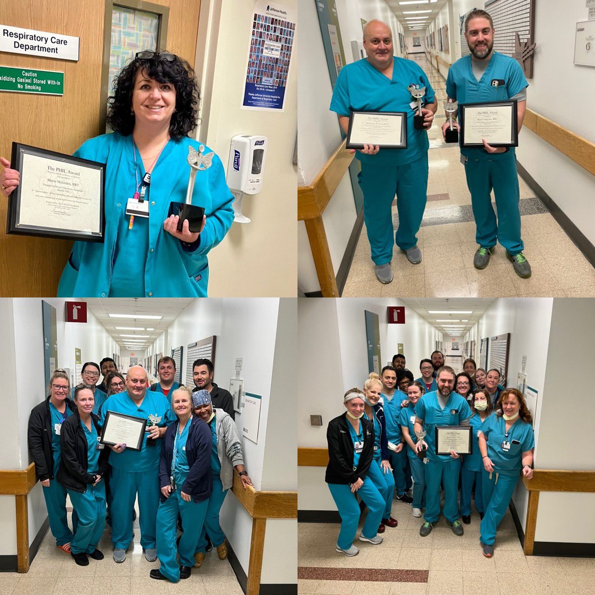 jerinjuby1's tweet photo. Happy Respiratory Care Week! Here is the amazing team @TJUHospital and this year’s Phil Award winners Maria Malandra, Ben Winston, and Kevin Trethaway! #respiratorytherapist #rcweek #rcweek2022 https://t.co/4nlbNuhyHe