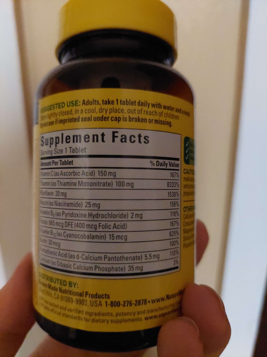 DS_BEH353's tweet photo. I kind of feel like a hypocrite after seeing this because I just commented on a classmate's post that there is a thing as too much vitamin, and this has 8333% B1 and 625% B12 in it per tablet... Well, I do feel healthier after taking these...? @beh353 #beh353 https://t.co/BzH2lRFCy7