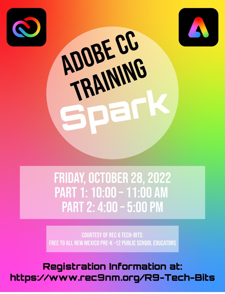 👉🏼 Join us TOMORROW for Adobe CC Training Spark!

Friday, October 28th
Part 1: 10-11 AM
Part 2: 4-5 PM

FREE for all New Mexico Pre-K-12 Public School Educators

📌 Get registered HERE >> bit.ly/3raZmm2
