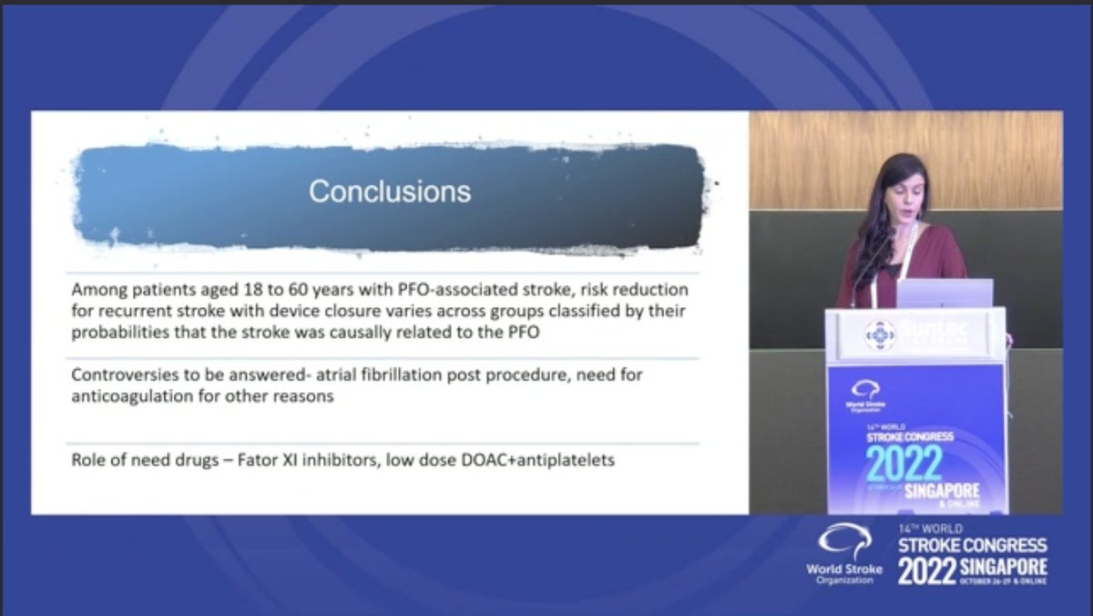 WorldStrokeEd's tweet photo. #WSC2022
Joint Session 
@American_Stroke  @WorldStrokeOrg

@GiseleSampaioS and medical management for #PFO
✍️Use #RoPE &amp; #PASCAL score when evaluating a patient with stroke &amp; PFO
☝️#PICCS didn't show benefit of OAC vs aspirin
🔐Latest PFO closure trials have shown benefit ✅ https://t.co/HJ8lgGrq4o