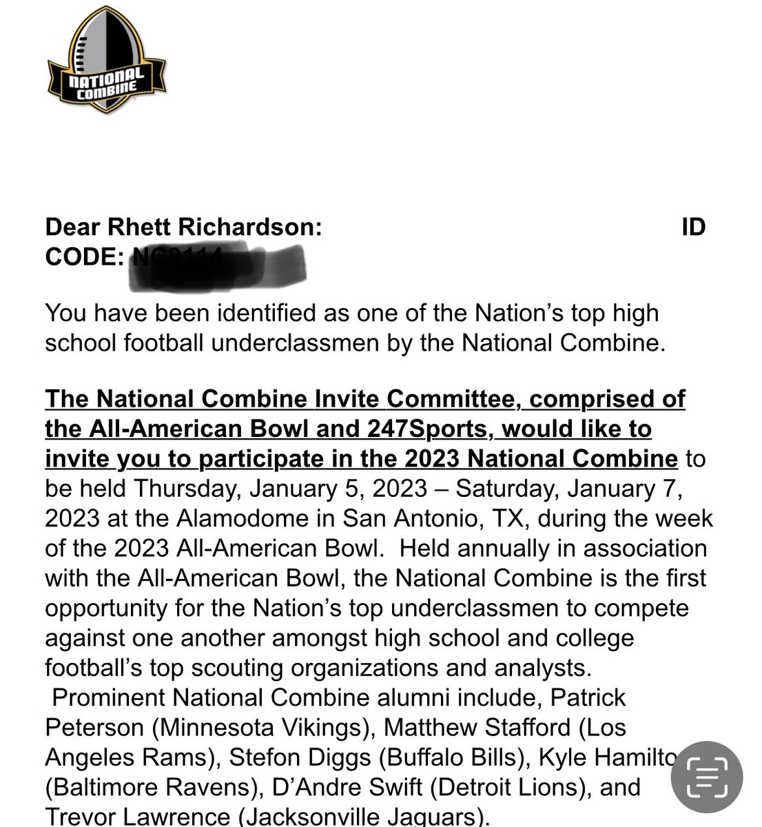 Honored to be invited to the 2023 National Combine. Looking forward to competing. @NationalComb1ne @AABonNBC @FBUcamp @ErikRichardsUSA @HB_WildcatFB @247recruiting
