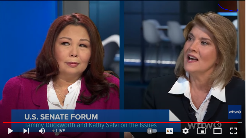 Duckworth is giving some MAJOR side eye as Salvi attacks her instead of answering whether or not she'd support Donald Trump if he runs in 2024. She said 🧐🧐🧐.