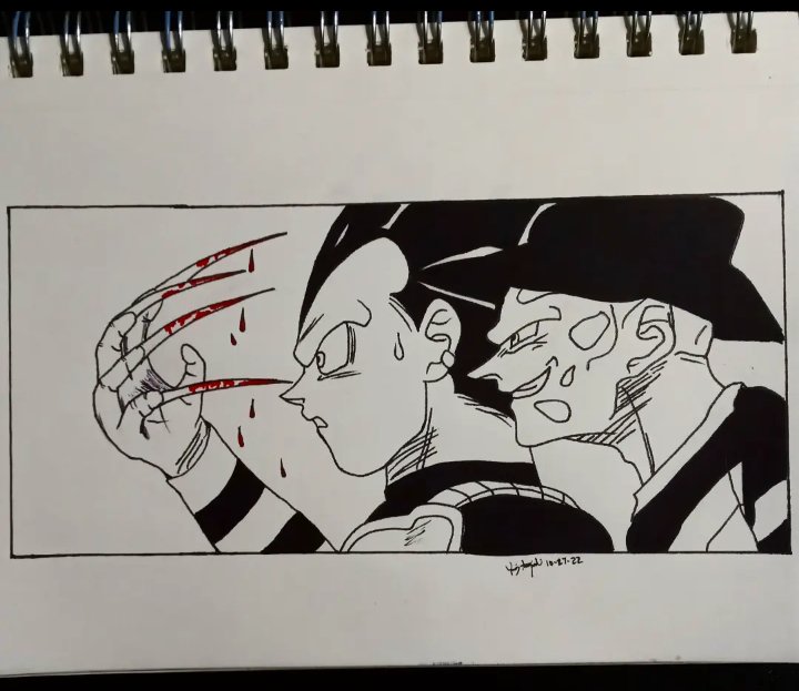 LuigiDraws214's tweet photo. For another Halloween drawing 🎃 heres "Ultra Ego Vegeta V.S Freddy Krueger" 😱👻🎃
#Vegeta #FreddyKrueger #Halloween #HalloweenDrawing #Momento #MORI #UltraEgo #DBSManga #DragonBallZ #DragonBall #DragonBallSuper #DragonBallGt #Goku #Bleeding #UltraInstinct #Manga #MangaDrawing https://t.co/oUwVJ4z5A6
