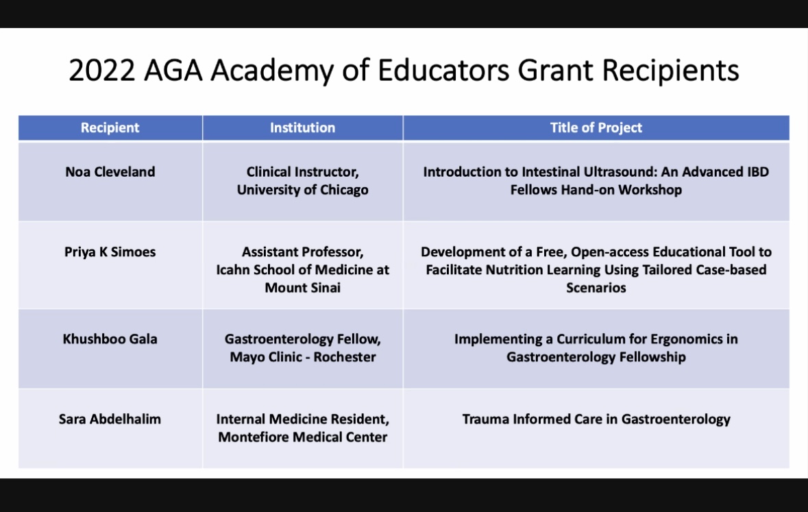 That's a wrap on the AGA Fall Plenary for Medical Education! Great talks by @SarahOrdway and @GIMedEd, and congratulations to this year's grant winners: @KrugCleveland, @priya_simoes, @KhushbooSGala, and Dr. Sara Abdelhalim! @AmerGastroAssn #AGAMedEd