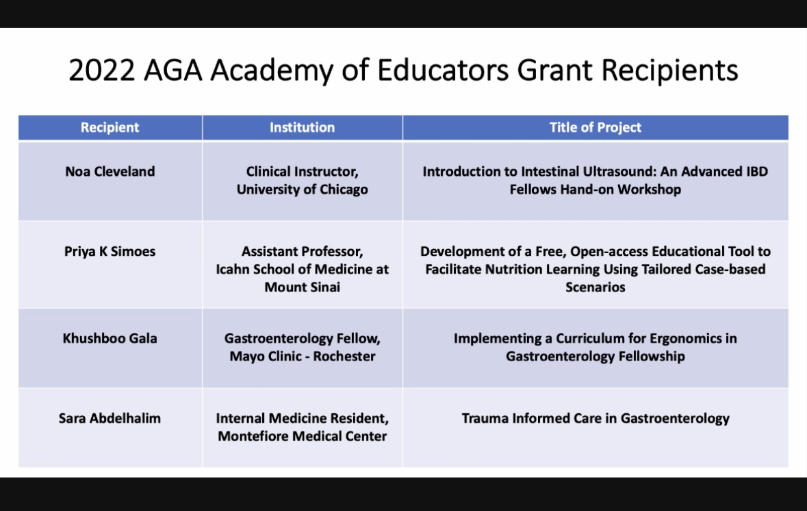 Feenalie Patel (@feenaliepatel) on Twitter photo That's a wrap on the AGA Fall Plenary for Medical Education!
Great talks by @SarahOrdway and <a href="/GIMedEd/">Justin Sewell</a>, and congratulations to this year's grant winners: <a href="/KrugCleveland/">Noa Krugliak Cleveland, MD</a>, <a href="/priya_simoes/">Priya Simoes</a>, <a href="/KhushbooSGala/">Khushboo Gala</a>, and Dr. Sara Abdelhalim!
<a href="/AmerGastroAssn/">American Gastroenterological Association (AGA)</a> #AGAMedEd That's a wrap on the AGA Fall Plenary for Medical Education!
Great talks by @SarahOrdway and <a href="/GIMedEd/">Justin Sewell</a>, and congratulations to this year's grant winners: <a href="/KrugCleveland/">Noa Krugliak Cleveland, MD</a>, <a href="/priya_simoes/">Priya Simoes</a>, <a href="/KhushbooSGala/">Khushboo Gala</a>, and Dr. Sara Abdelhalim!
<a href="/AmerGastroAssn/">American Gastroenterological Association (AGA)</a> #AGAMedEd