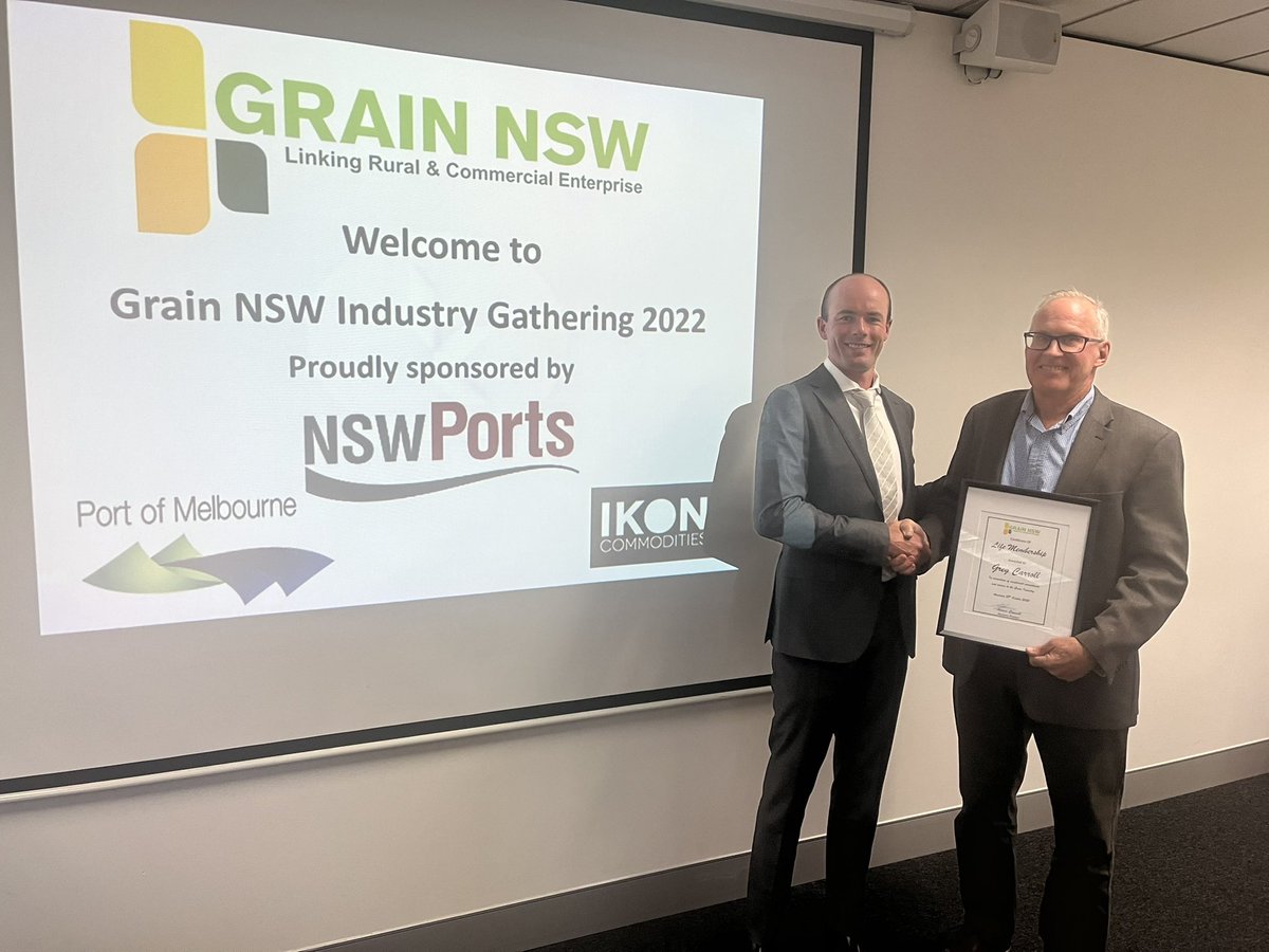 Croker Grain (@crokergrain1) on Twitter photo The boss (Chairman) in Greg Carroll awarded Grain NSW life membership today after 40 odd years in the industry. Congratulations Jock!
<a href="/MGSbomen/">Murrumbidgee Grains</a> <a href="/KellyGrain/">Kelly Grains</a> <a href="/TheRural_/">The Rural</a> <a href="/theGRDC/">GRDC</a> <a href="/JasonLMac/">Jason McPherson</a> <a href="/thelandnews/">The Land</a> The boss (Chairman) in Greg Carroll awarded Grain NSW life membership today after 40 odd years in the industry. Congratulations Jock!
<a href="/MGSbomen/">Murrumbidgee Grains</a> <a href="/KellyGrain/">Kelly Grains</a> <a href="/TheRural_/">The Rural</a> <a href="/theGRDC/">GRDC</a> <a href="/JasonLMac/">Jason McPherson</a> <a href="/thelandnews/">The Land</a>