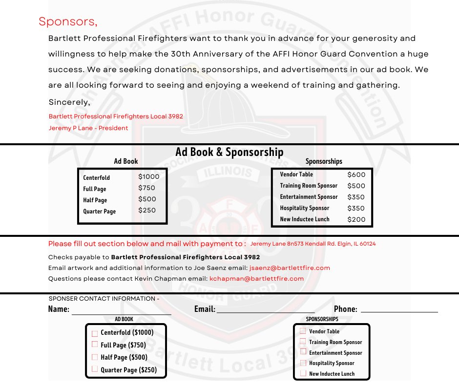 Brothers &amp; Sisters, we are looking for Sponsorships and Donations for the 30th Anniversary Honor Guard Convention.

Bartlett Local 3982 Honor Guard has the prestigious privilege to Host the event this year in Lombard on January 27-29, 2023.