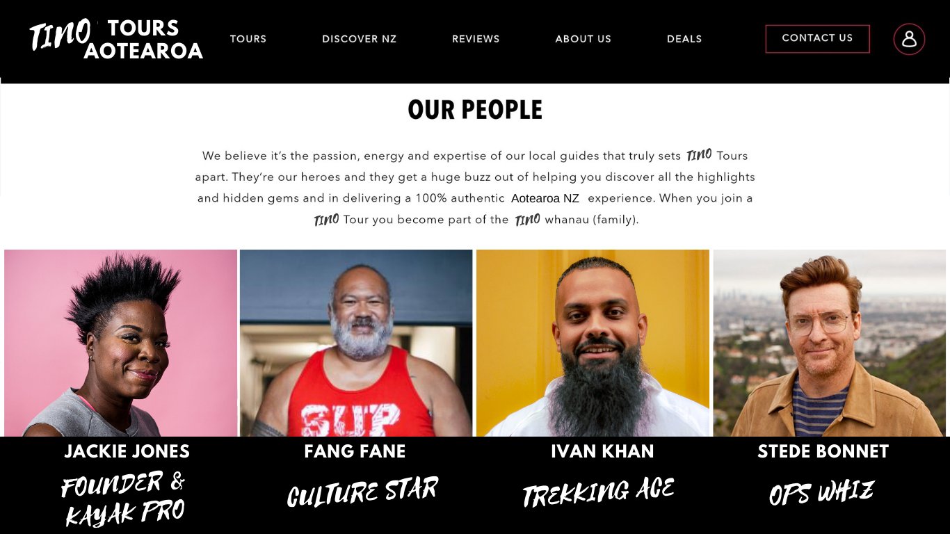 Website advertising Tino Tours Aotearoa, featuring Jackie Jones as the founder & kayak pro; Fang Fane as Culture Star, Ivan Khan as a trekking ace, and Stede Bonnet as Ops Whiz