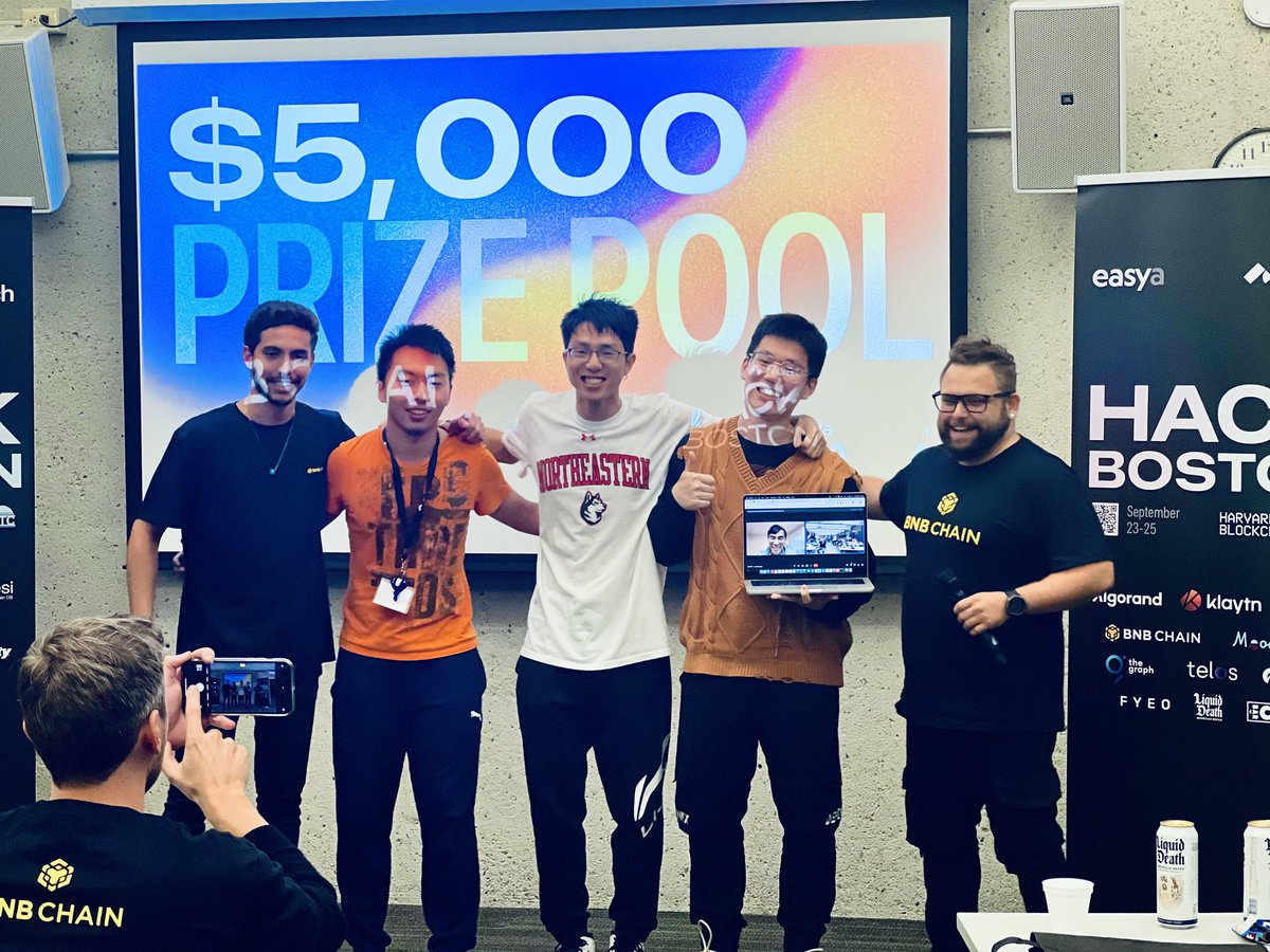 BNBCHAIN's tweet photo. We're excited to announce the winners of our #HackBoston Prize Pool!
 
Claiming 1st Prize and $2,500 is Cryptolice who have been utilizing #AvengerDAO to protect users from risky projects &amp; bad actors.
 
@defikito, @_liuyuchen, @HarryLi76712784, @sunnyhsieh5, @brrruski
 
[1/3]🧵 https://t.co/mTSAWkj8jJ