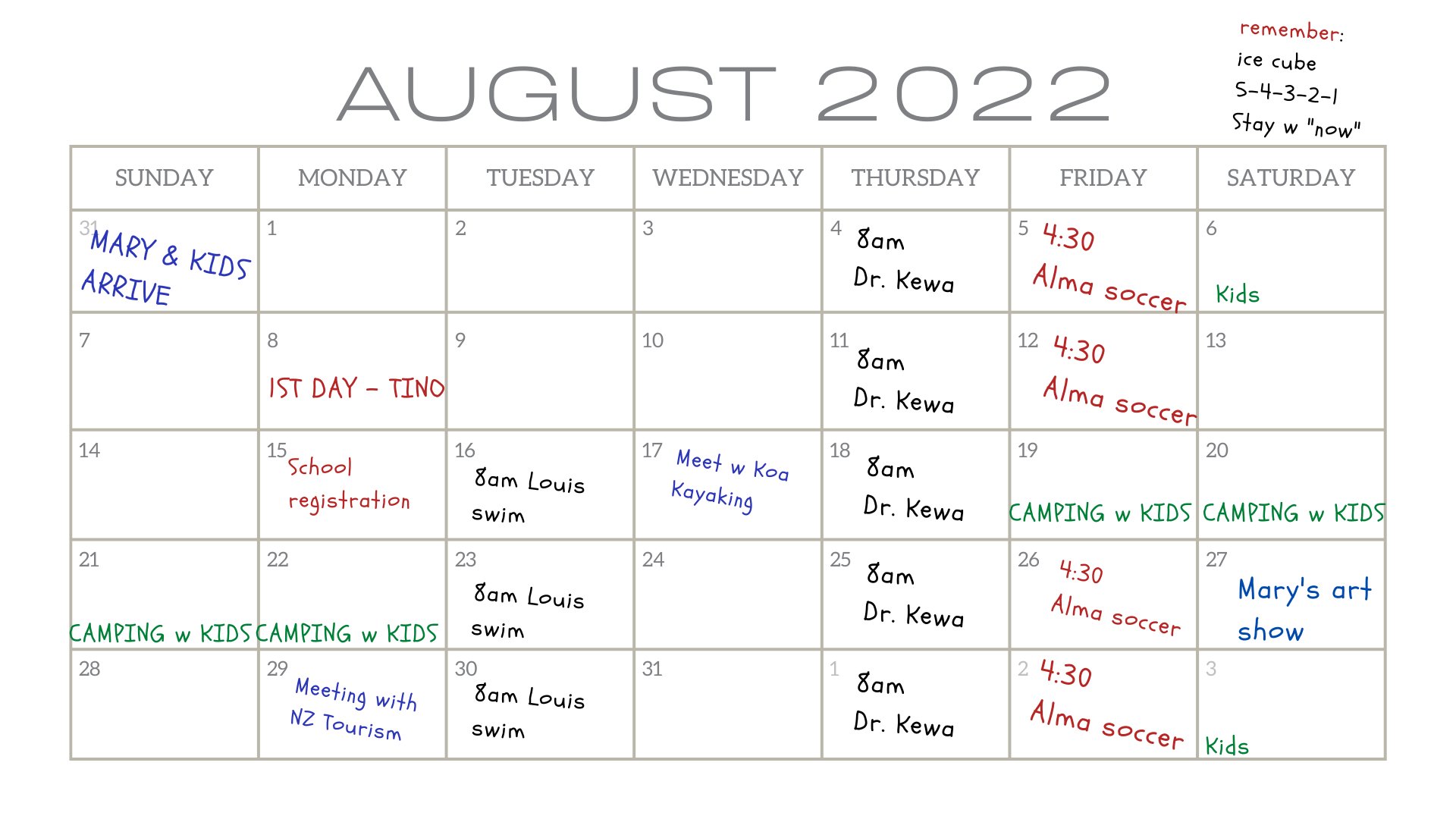 Image of Stede's calendar for August. Lots of activities with his kids, starting his new job, Mary doing an art show, appointments with Dr. Kewa