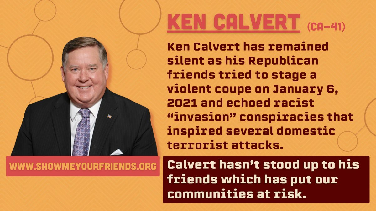 Republican candidate @KenCalvert is empowering people who spread hate and endanger our community. He also accepts $$$ and endorsements from those who spread racist conspiracy theories. Learn more at bit.ly/3ePwld1