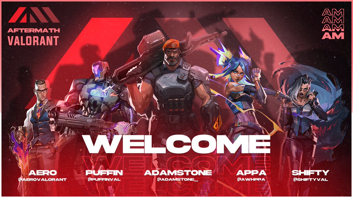 afterMath is BACK in #VALORANT.

💥 Welcome #afterMathVAL! 💥

⛩️ | @AdamStone_ 
⛩️ | <a href="/ShiftyVAL/">Ian</a> 
⛩️ | <a href="/PuffinVAL/">Puffin_^</a> 
⛩️ | @awhppa 
⛩️ | @AeroValorant 

👺 | <a href="/hailsies/">hails 🍓🌙</a> 

Get ready to #FacetheafterMath!