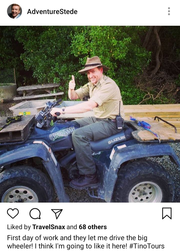 Stede's IG. Image of him on a four wheeler, giving the thumbs up. Caption reads "First day of work and they let me drive the big wheeler! I think I'm going to like it here! #TinoTours
