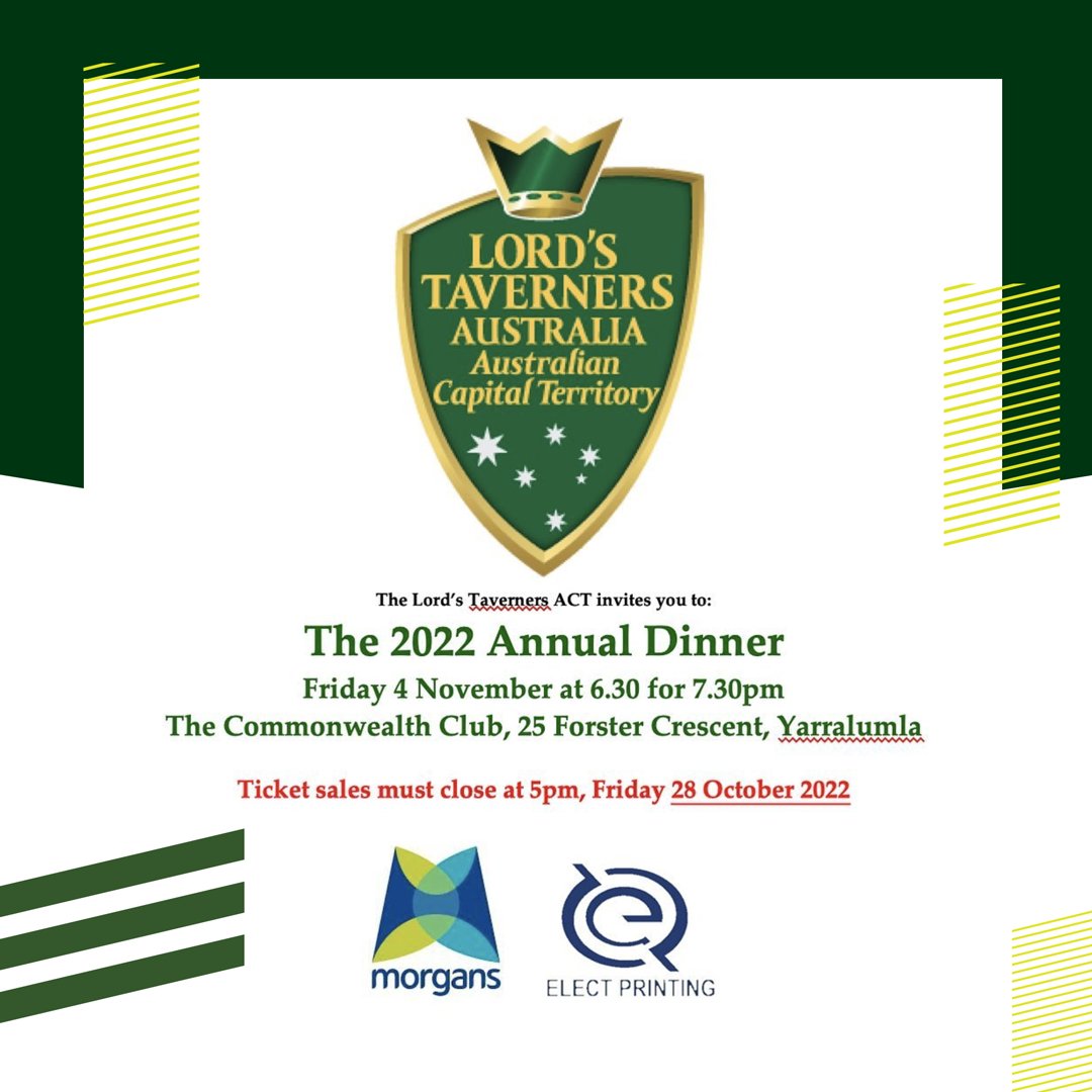 Check out the <a href="/CrickCharityACT/">Lord's Taverners ACT</a> 2022 Annual Dinner coming up on Friday November 4, featuring guest speaker Senator David Pocock in conversation with Tim Gavel OAM. Last chance to get tickets and help give #ASportingChance to cricketers across Australia