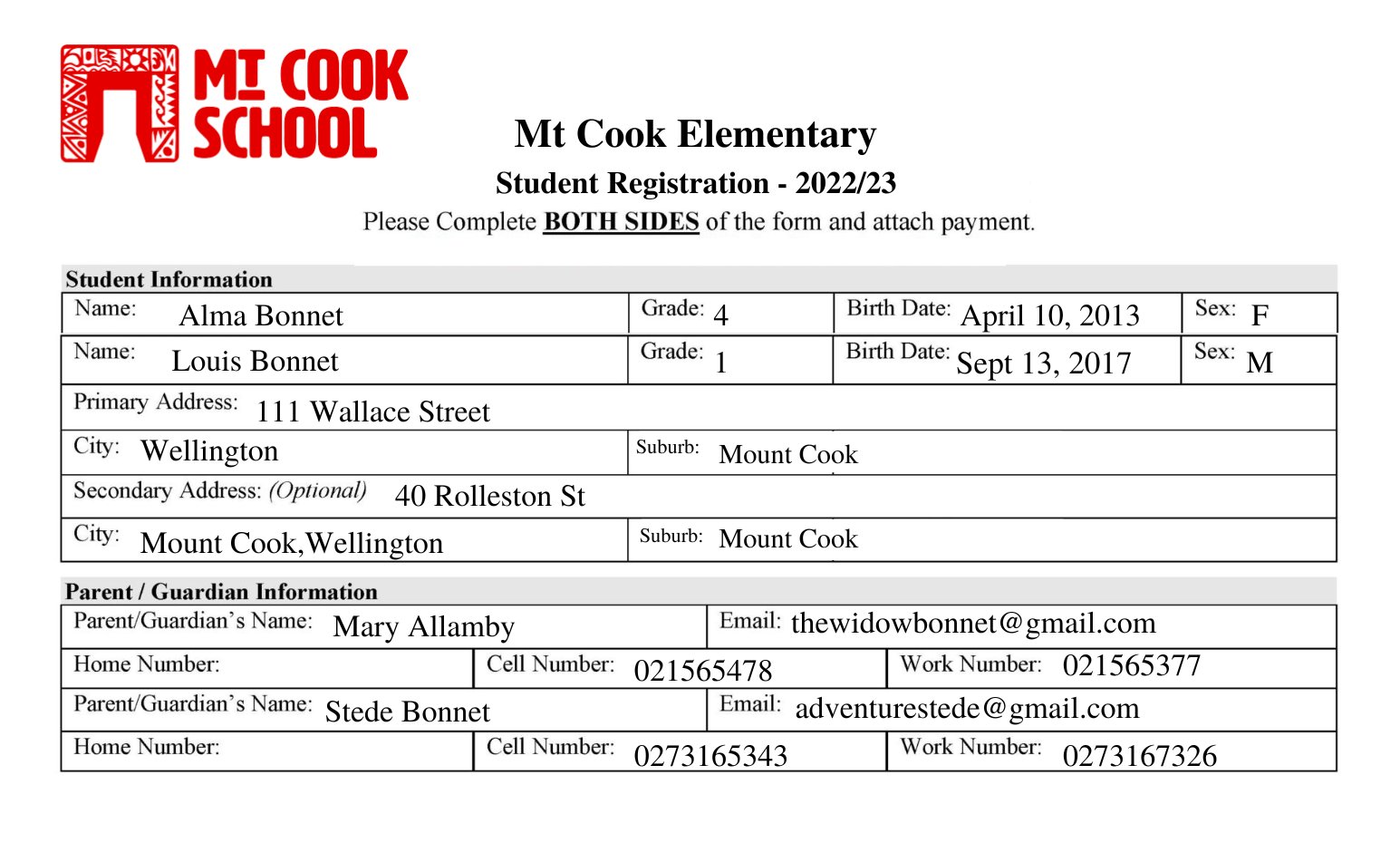 Registration for Mt Cook Elementary for Louis and Alma