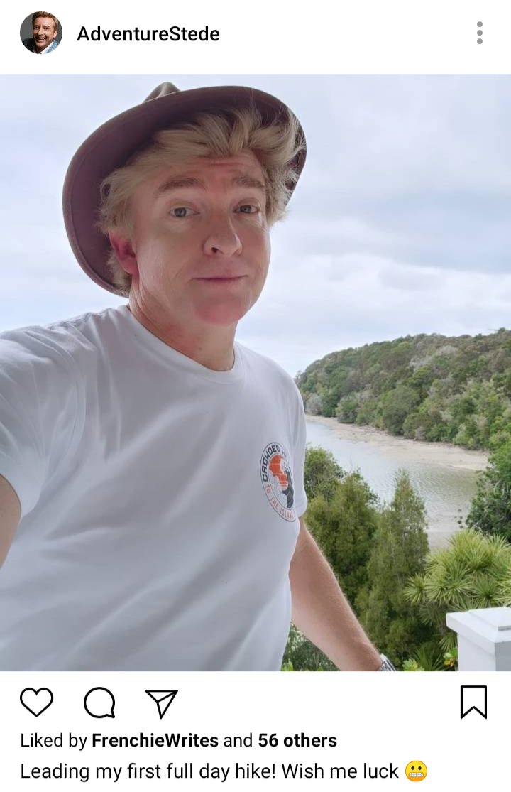 Stede's IG. Picture of Stede standing in front of a lake and forest. Caption reads "Leading my first full day hike! Wish me luck!"